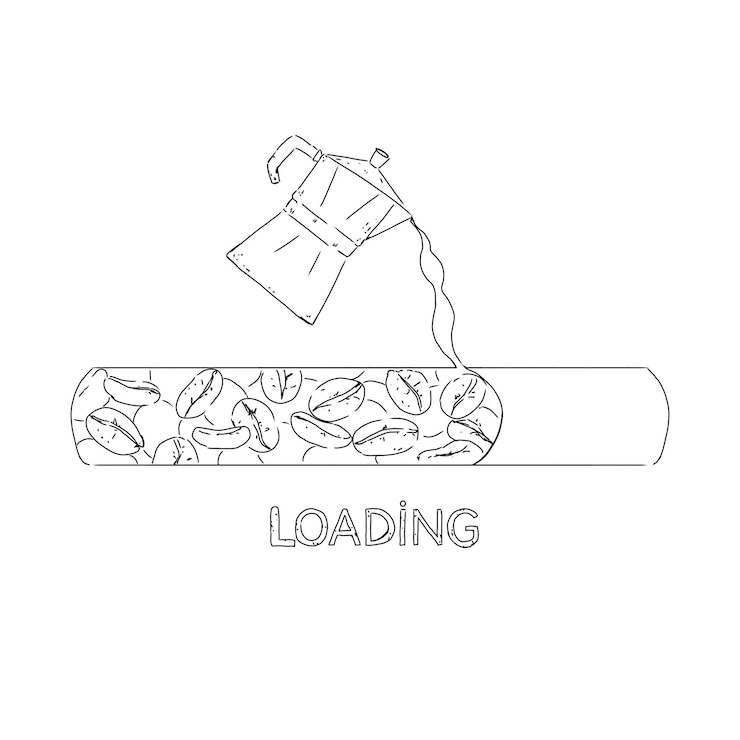 PSD loading screen with coffee pot pouring into coffee beans black and white illustration