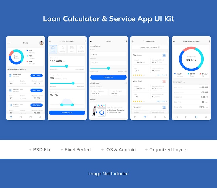 PSD loan calculator and service app ui kit