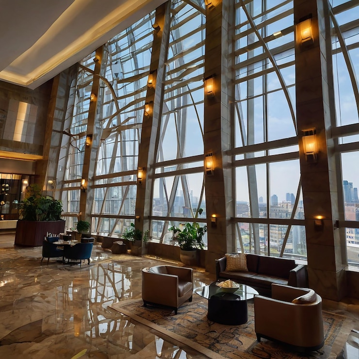 PSD a lobby with a large window that has a view of the city