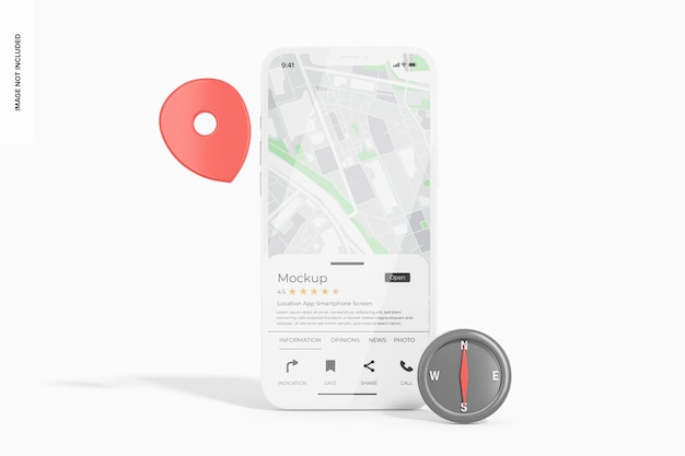 PSD location app smartphone screen mockup, front view