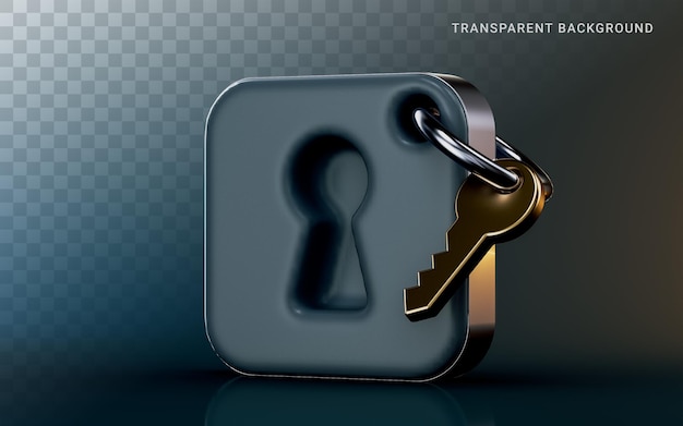 PSD lock and key icon on dark background 3d render concept for privacy and security of house bank