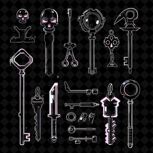 PSD lock pick pixel weapon with thief design and skeleton key an y2k shape neon color art collections