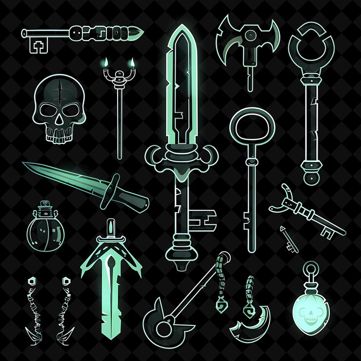 PSD lock pick pixel weapon with thief design and skeleton key an y2k shape neon color art collections