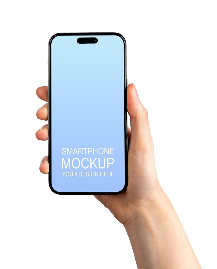 ウッチ ポーランド 2023 年 5 月 14 日携帯電話画面モックアップ iPhone 14 プロ ディスプレイ モックアップを白で隔離を持つ手