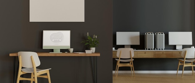 Дизайн интерьера рабочего пространства офиса в стиле лофт с тремя компьютерными столами в комнате