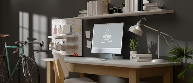 PSD spazio di lavoro loft con mockup di computer e forniture