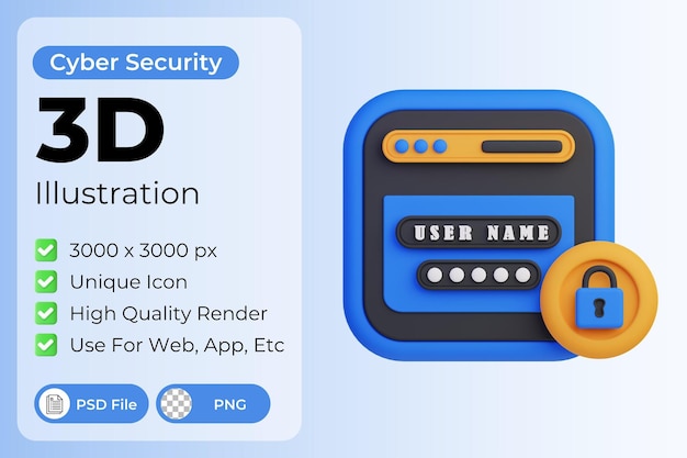 PSD login security 3d illustration