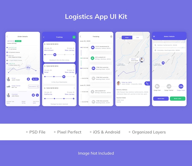 PSD logistyka zestaw ui aplikacji mobilnej
