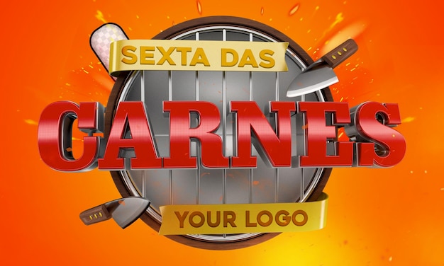 Logo 3d rendering promozione di carne e barbecue e francobollo sconto