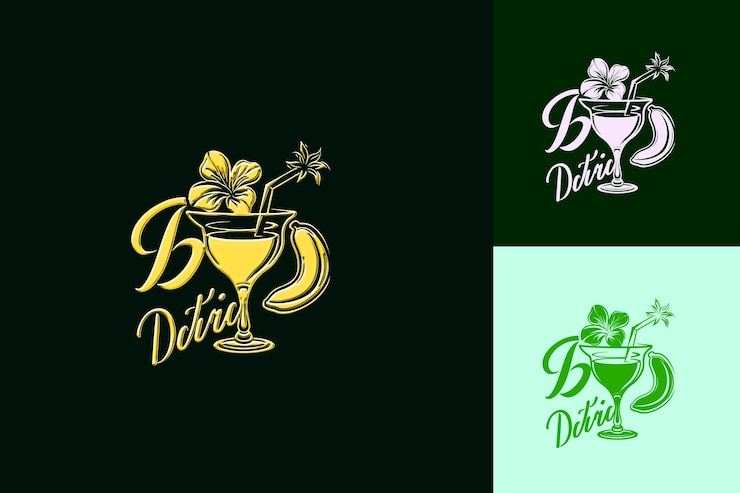 PSD logo banana daiquiri z bananem i tropikalnym kwiatem typ png tropical inspired drink designs