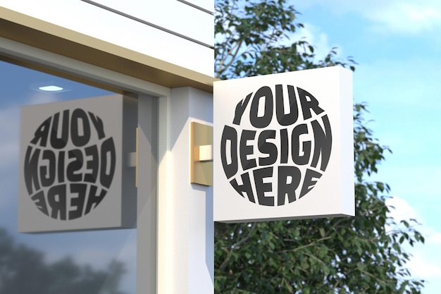 Logo bord mockup rechthoek reflectie in wit gebouw