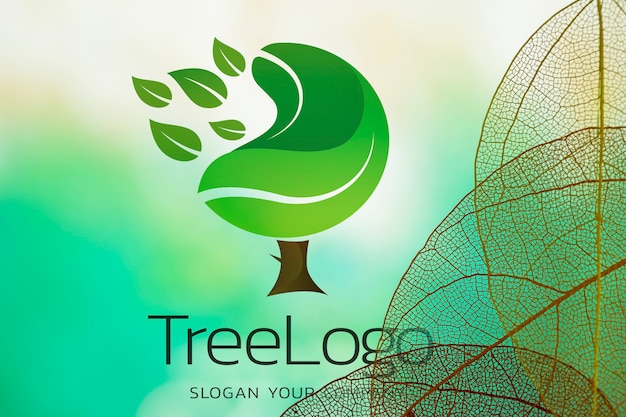 PSD logo drzewa z półprzezroczystymi liśćmi