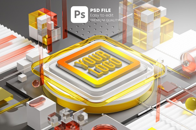 PSD logo extruderen vierkante sjabloon mockup high tech concept futuristisch netwerksysteem geel glas 3d render