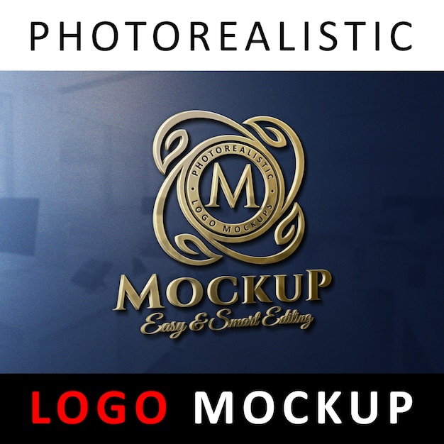 Logo mockup - 3d golden logo signage on office wall