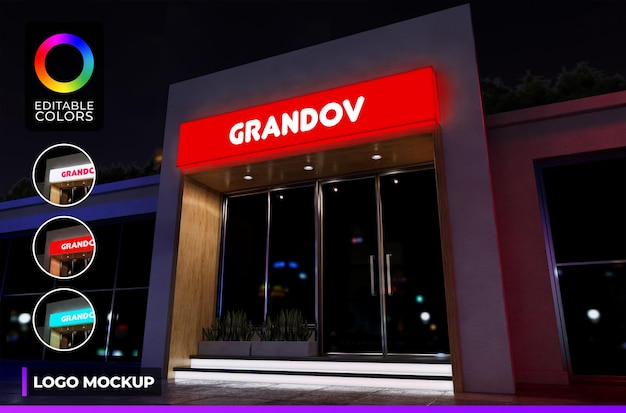 PSD logo mockup acrylic lighted on front store or small office with night light