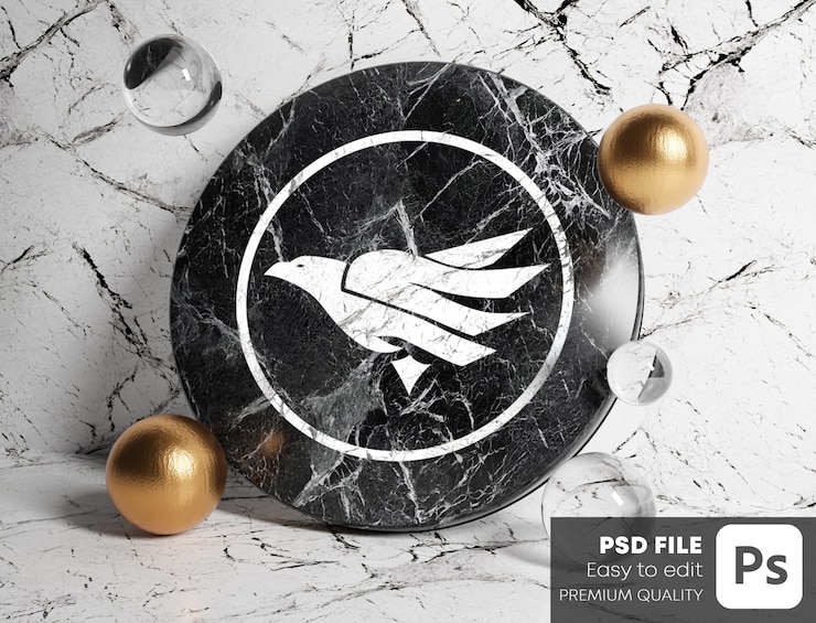  Logo mockup on black cylinder marble between gold and glass bubbles. white marble background.