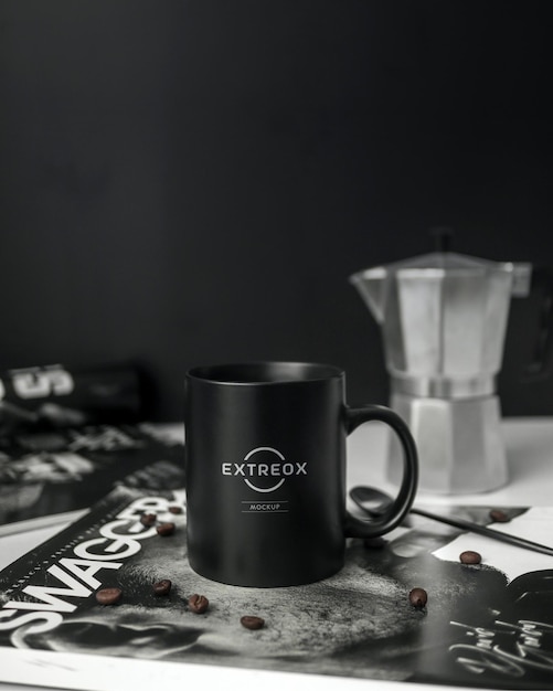 PSD logo mockup on a black mug