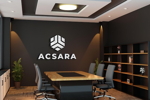 PSD logo mockup in black wall meeting room