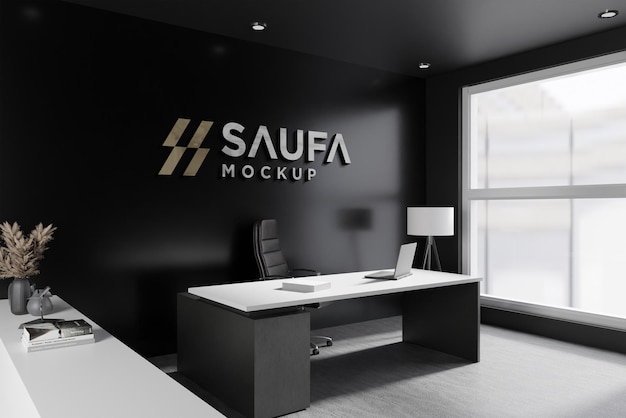 Logo mockup on the black wall office room