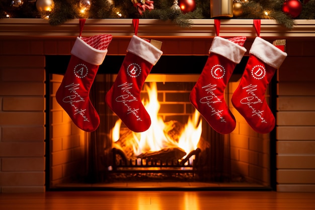 PSD modello del logo di una collezione di calze natalizie appese su un camino decorato