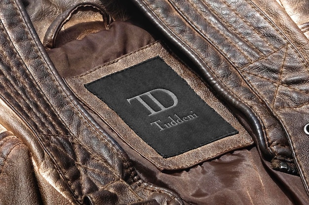 PSD logo mockup dark brown leather jacket label