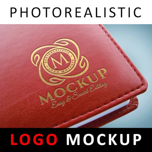 Logo mockup - debossed golden logo on red book cover