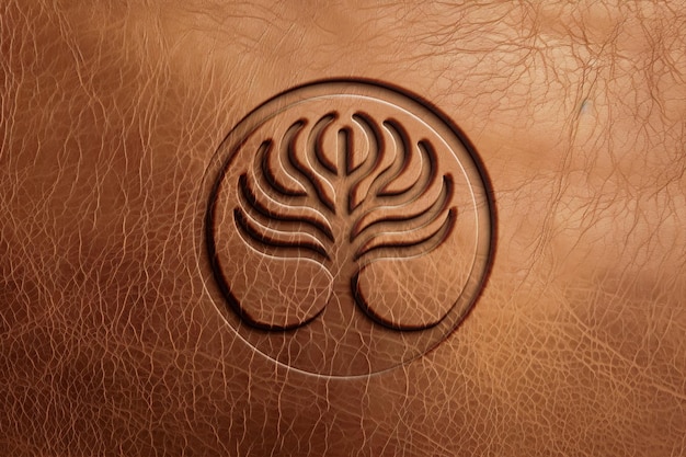 Logo mockup in debossed relief on a brown leather surface