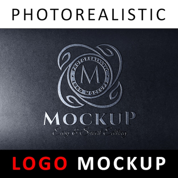 Logo mockup - embossed silver painted logo on black plastic surface