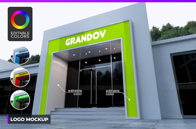 Logo mockup on font building of small company or shop day light