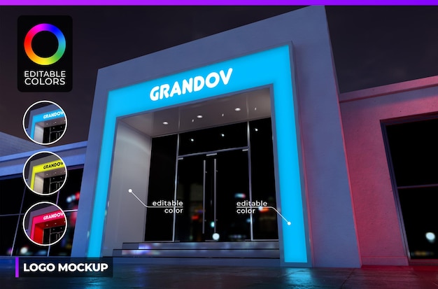 PSD logo mockup on font building of small company or shop with acrylic lighted render