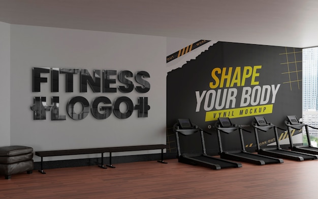 PSD logo mockup on gym on wall