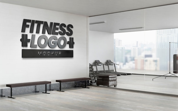 PSD logo mockup on gym on wall