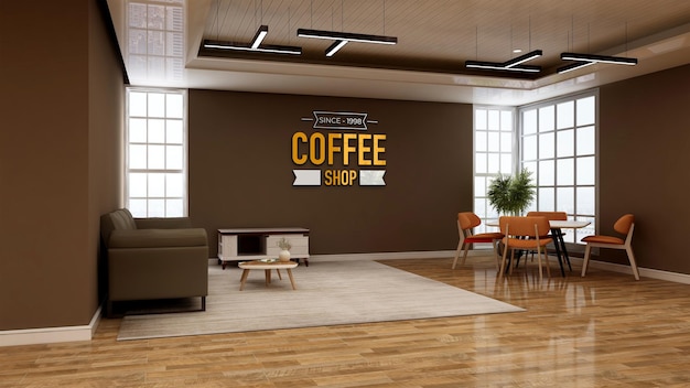 Logo mockup in de coffeeshop of café met bank