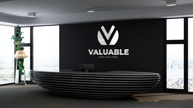 Макет логотипа в офисе администратора с минималистичным и элегантным дизайном интерьера