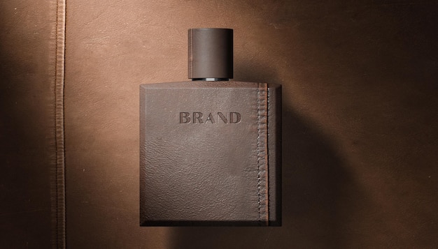 Logo mockup letterpress on leather perfume bottle