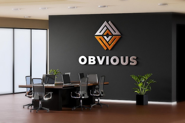 Logo mockup meeting room office black wall realisic 3d