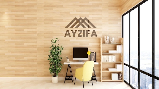 Logo mockup in uno spazio di lavoro in legno minimalista