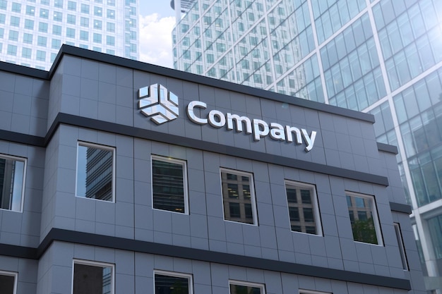 PSD logo mockup in modern gray building