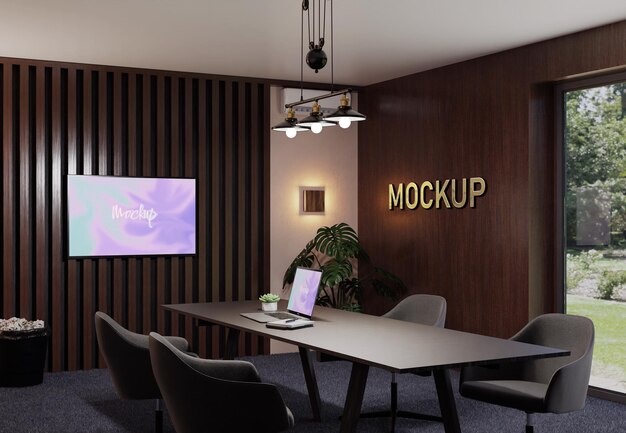 Logo mockup in an office meeting room