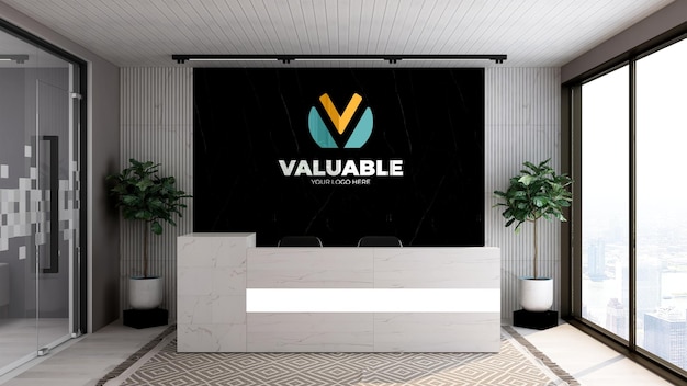 Logo mockup in the office receptionist or front desk room interior design