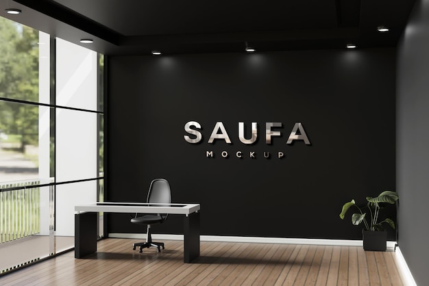 PSD logo mockup office room with black wall 3d realistic