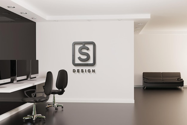 Logo mockup office room con parete bianca 3d realistico