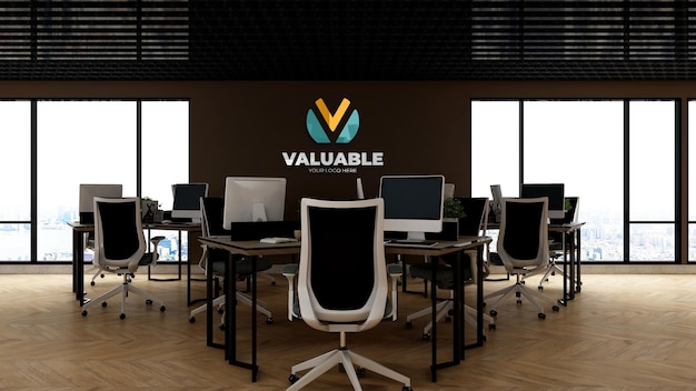 PSD logo mockup nell'area di lavoro dell'ufficio business room