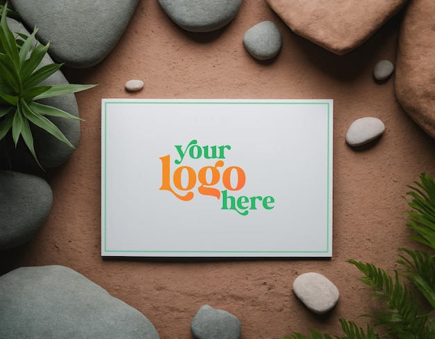 PSD logo mockup on a paper laid flat around rocks on top of a mountain