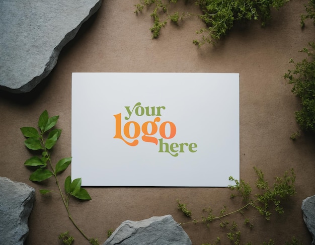 PSD logo mockup on a paper laid flat with stones amp green vegetation all around