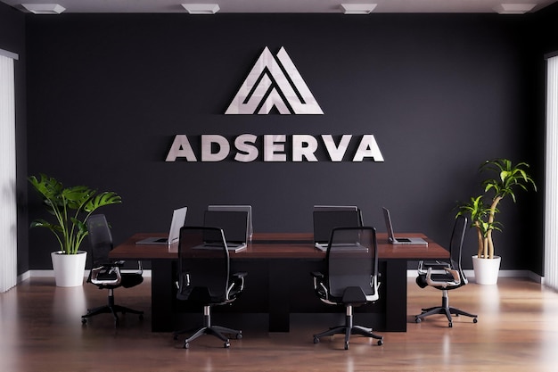 Logo mockup sign meeting room black wall