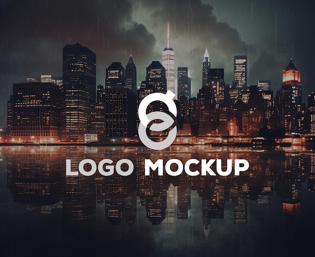 PSD logo mockup with big city background