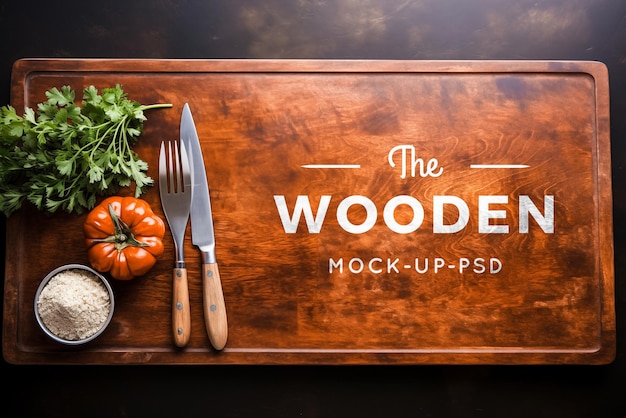 PSD logo mockup on wooden cutting board