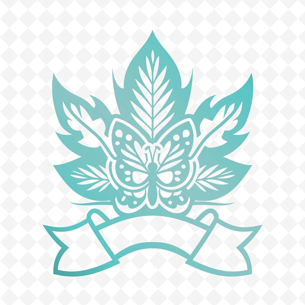 PSD logo odznaki liści fenugreek z dekoracyjną wstążką i kolekcją butterf nature herb vector design