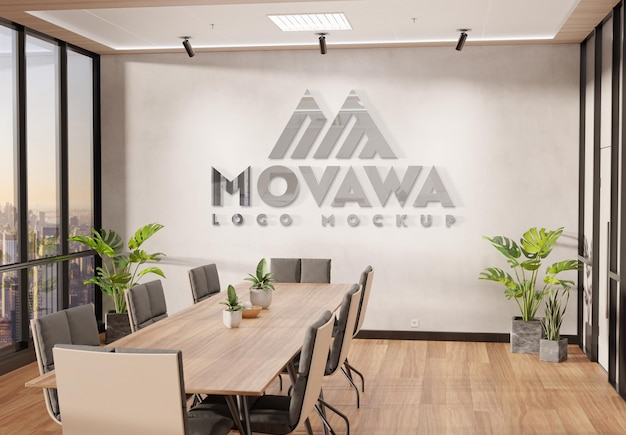 Logo on office wall with 3D metal effect Mockup